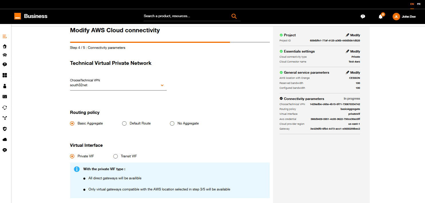 Paramètres de connectivité.