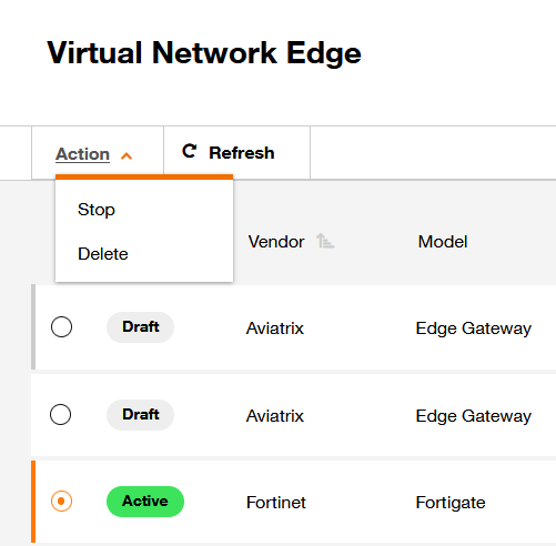Screen shot of possible actions for active state